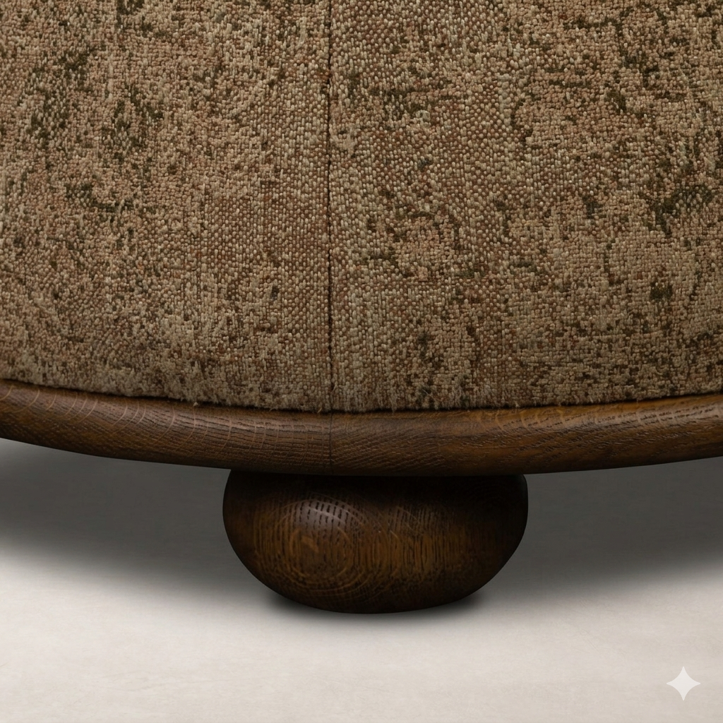 Close-up of the Bilbury Ottoman showcasing its textured fabric and rounded wooden base.