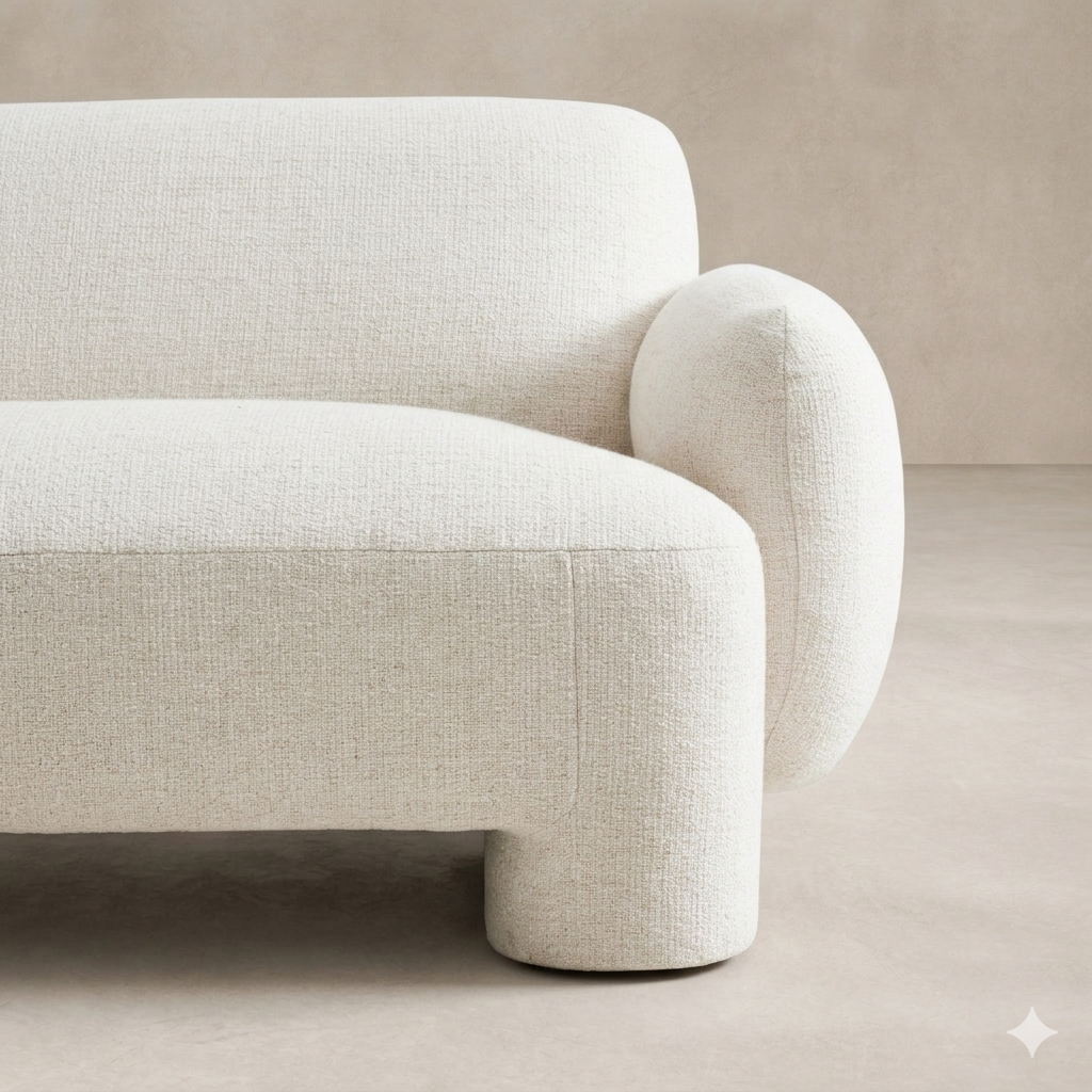 Close-up of the Elba Accent Chair showcasing its soft, textured fabric and rounded arm design.