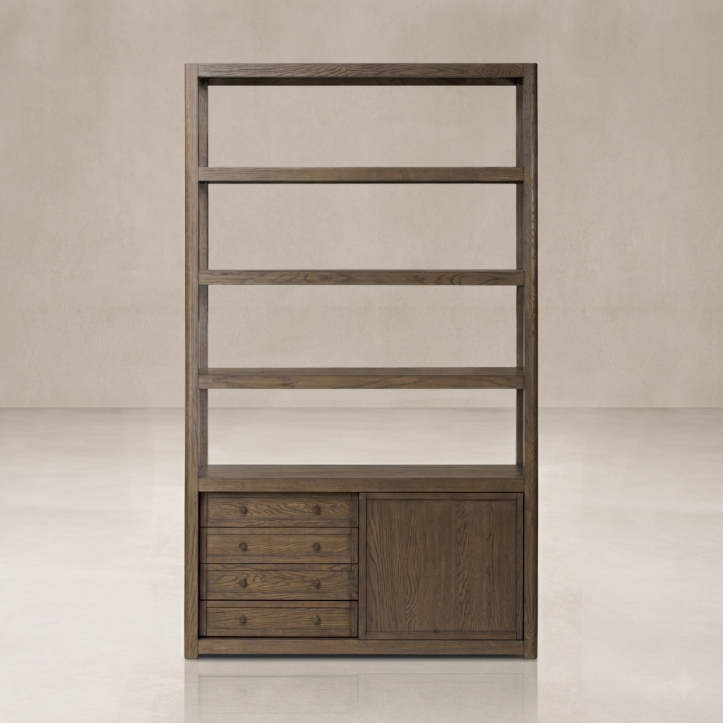 Front view of the Greer Bookcase showcasing its sleek design with open shelves and storage drawers.