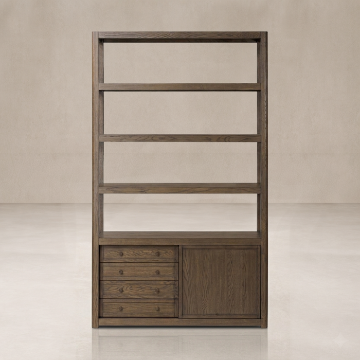 Front view of the Greer Bookcase showcasing its sleek design with open shelves and storage drawers.