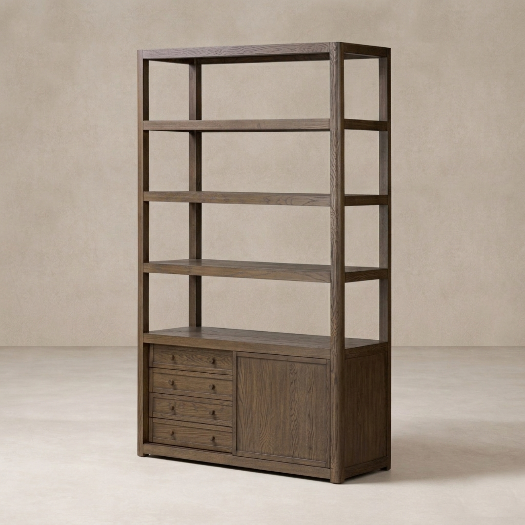 Three-quarter view of the Greer Bookcase in a warm brown finish, featuring open shelves and storage drawers.