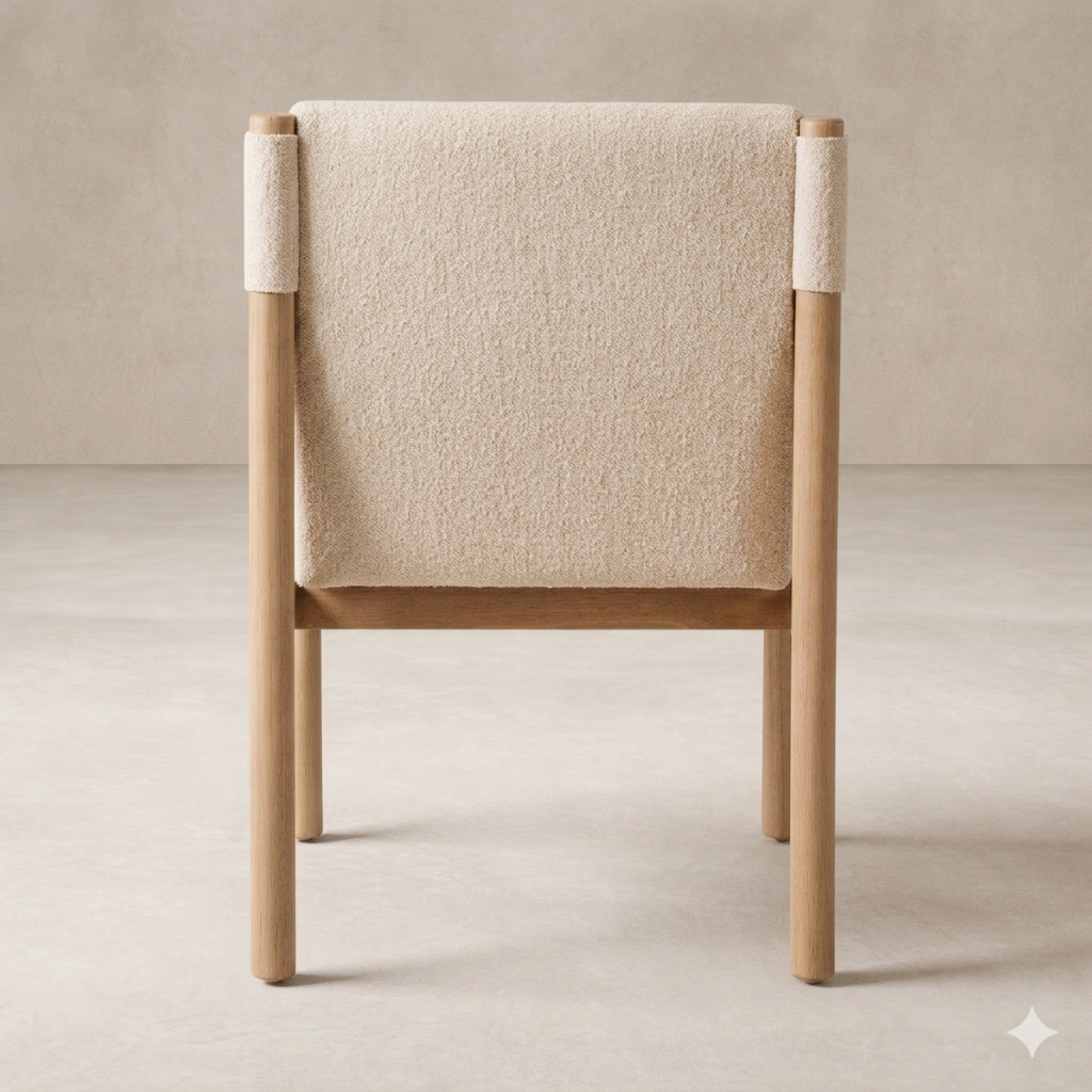 Back view of the Sorrento Dining Chair featuring a soft, textured fabric and natural wood frame.