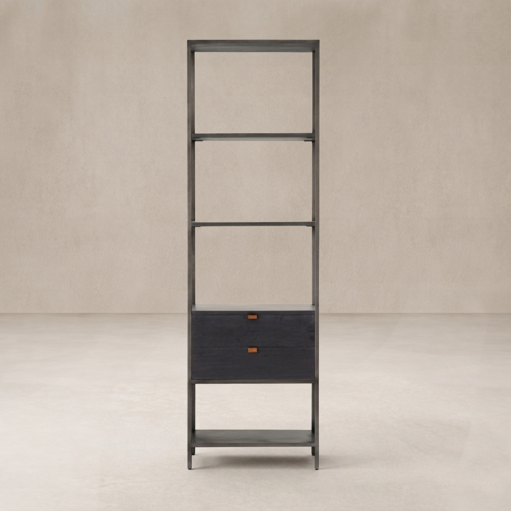 Front view of the Ellis Narrow Bookcase with a sleek design and two drawers for storage.