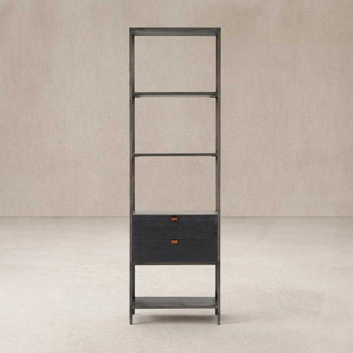 Front view of the Ellis Narrow Bookcase with a sleek design and two drawers for storage.