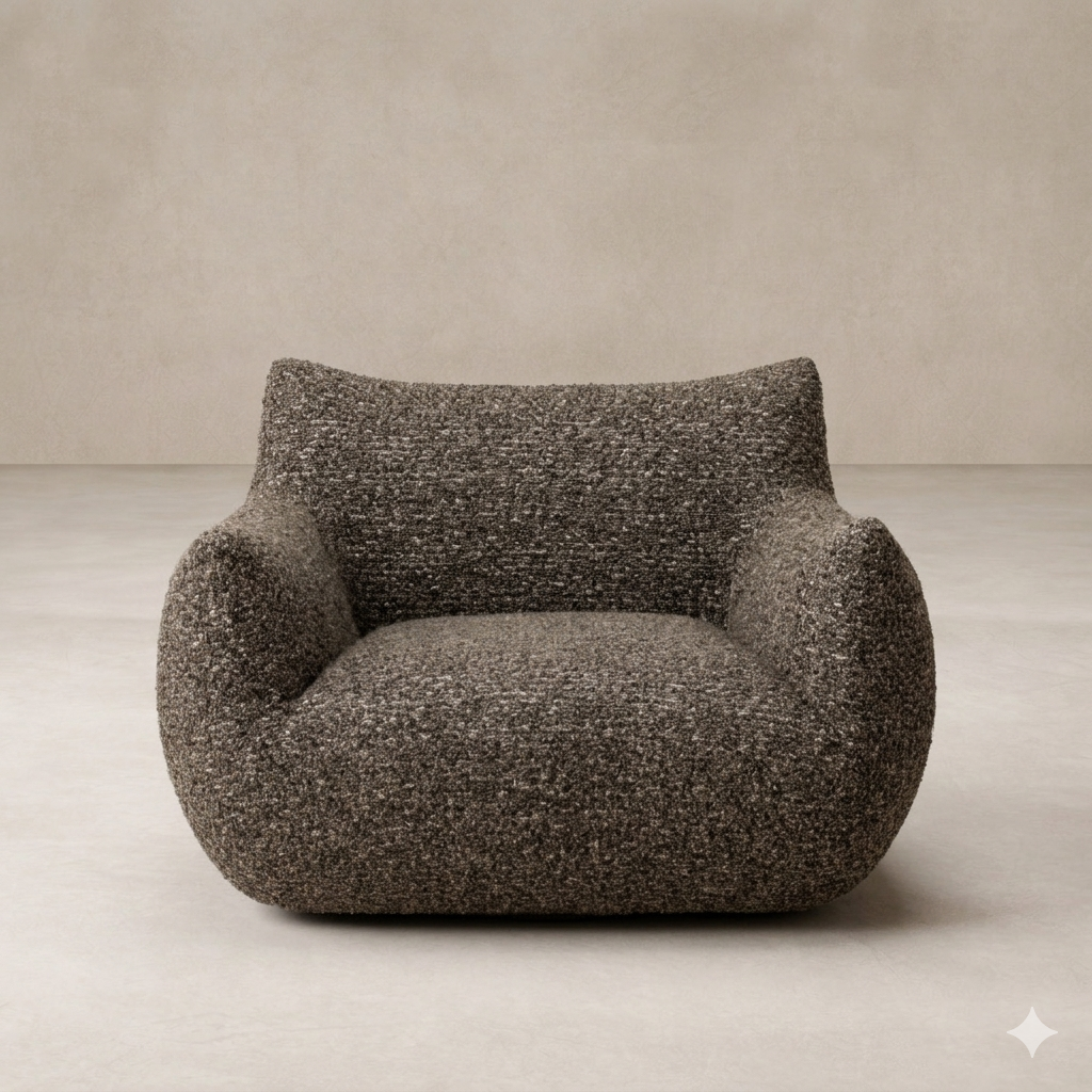 Front view of the Ciel Swivel Chair in textured gray fabric, showcasing its modern, rounded design.