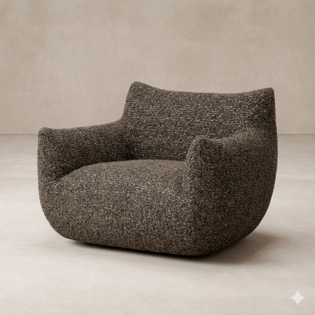 Front view of the Ciel Swivel Chair, featuring a plush, textured fabric in a warm gray hue.