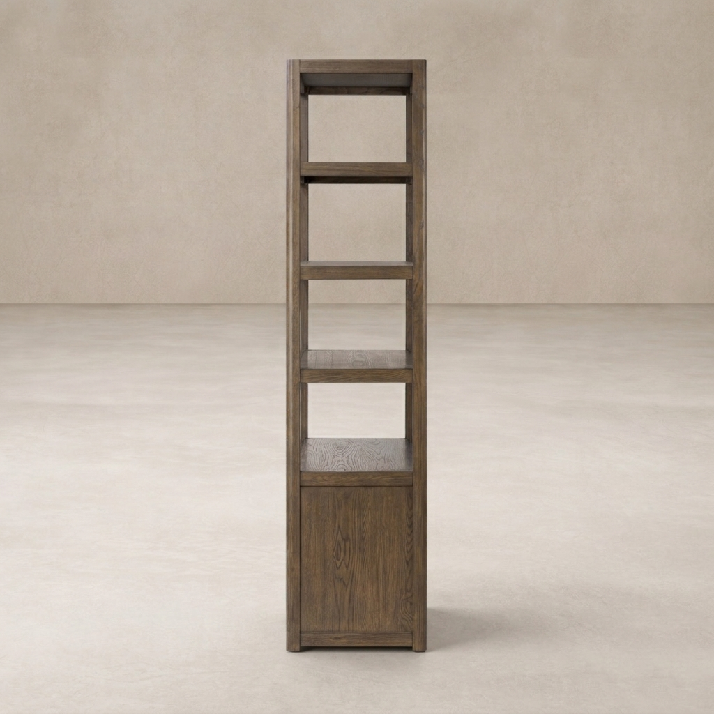 Front view of the Greer Bookcase featuring five open shelves and a lower cabinet in a rustic finish.