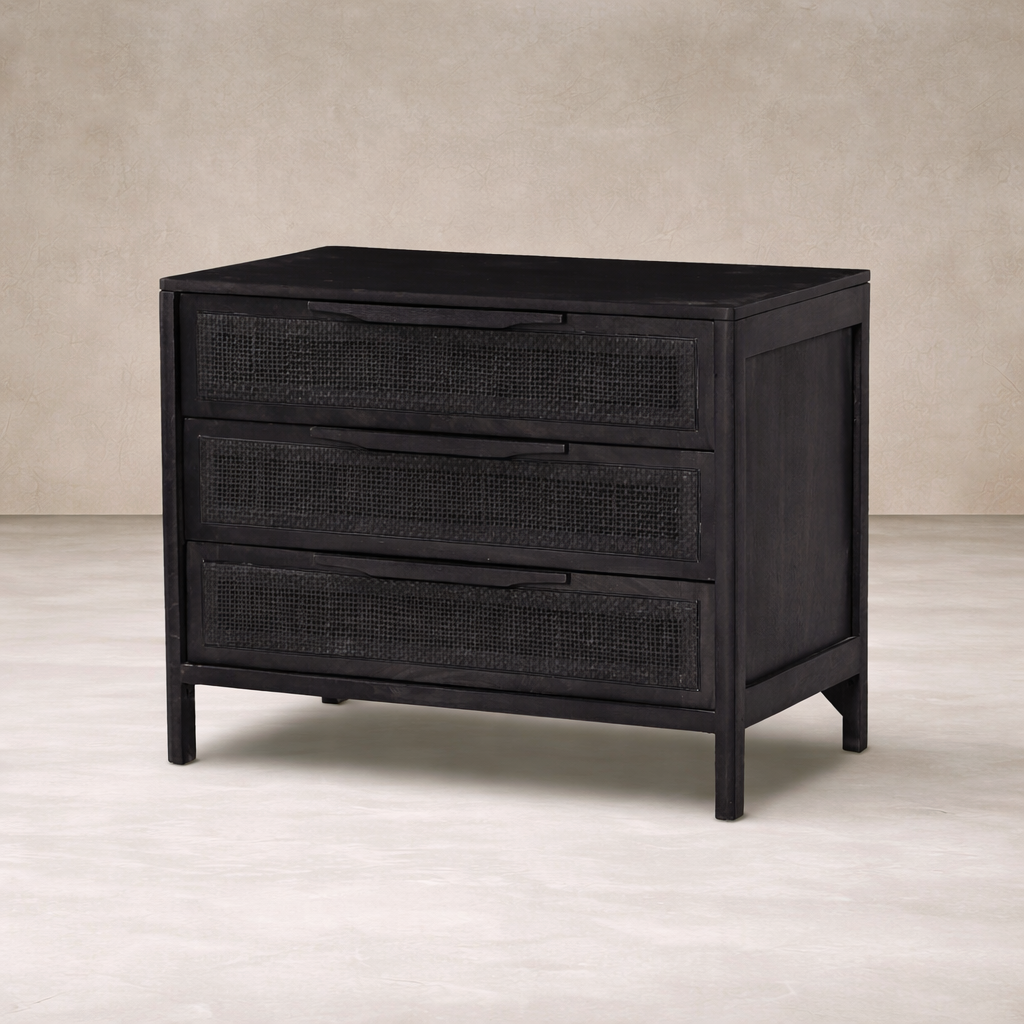 Black washed wood and rattan nightstand 