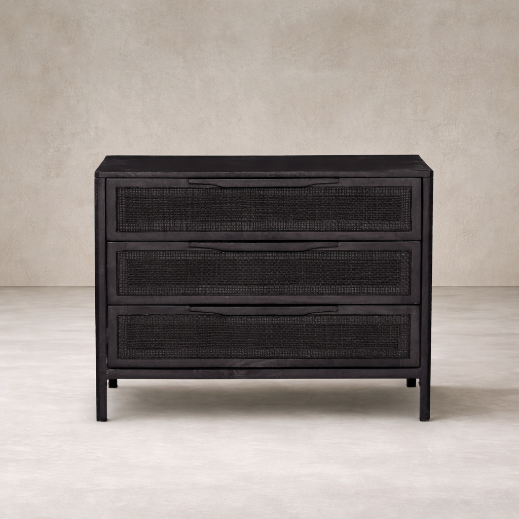 Black washed wood and rattan nightstand 