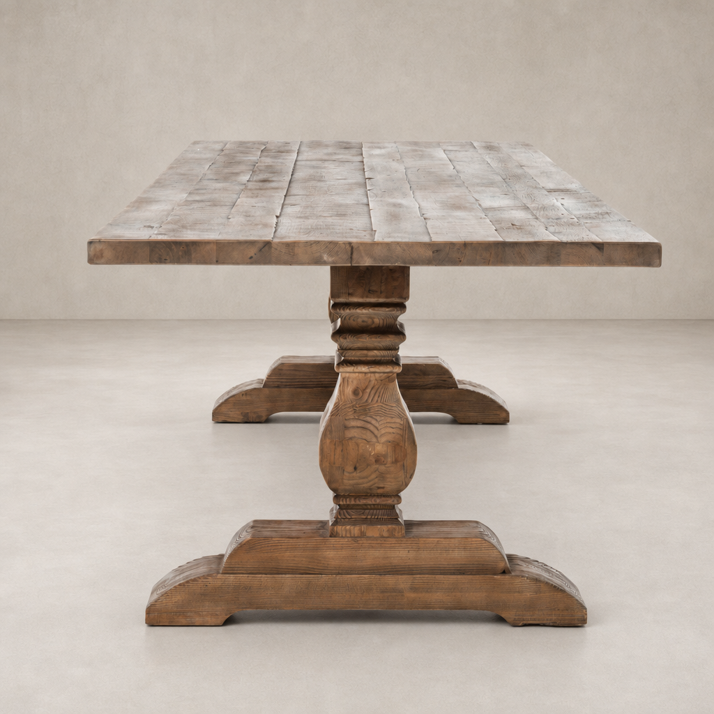 Castelli Dining Table made of waxed bleached reclaimed pine with a rustic plank top.