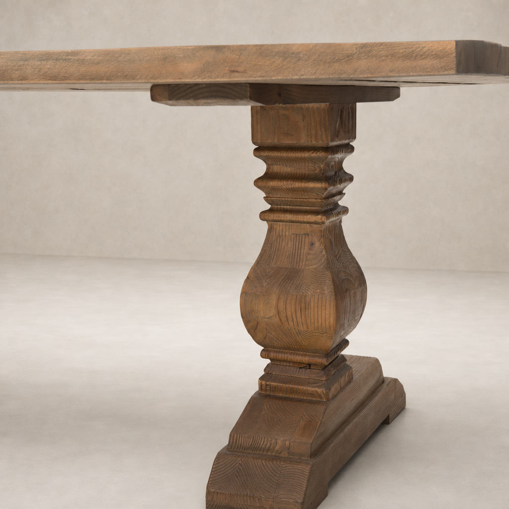 Castelli Dining Table features a beautifully turned base in waxed bleached reclaimed pine.