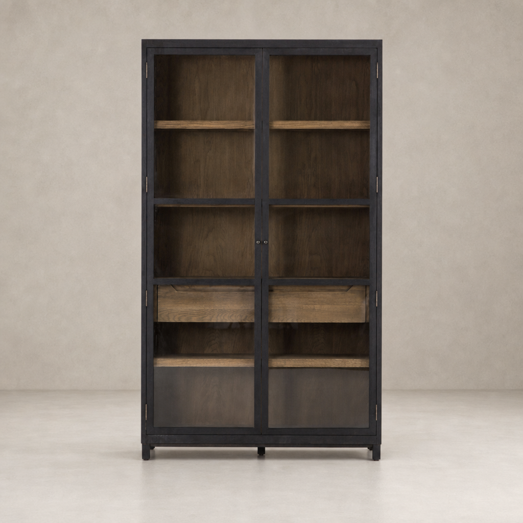 Kyra Cabinet featuring a sleek black finish and wooden interior shelves.