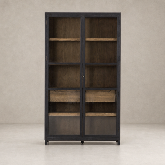 Kyra Cabinet featuring a sleek black finish and wooden interior shelves.