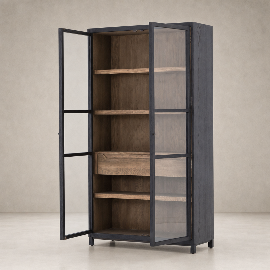 Stylish Kyra Cabinet featuring a sleek black frame and wooden shelves.