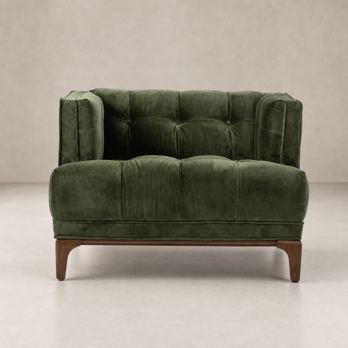 Murano Chair in Sapphire Olive featuring plush tufted upholstery and wooden legs.