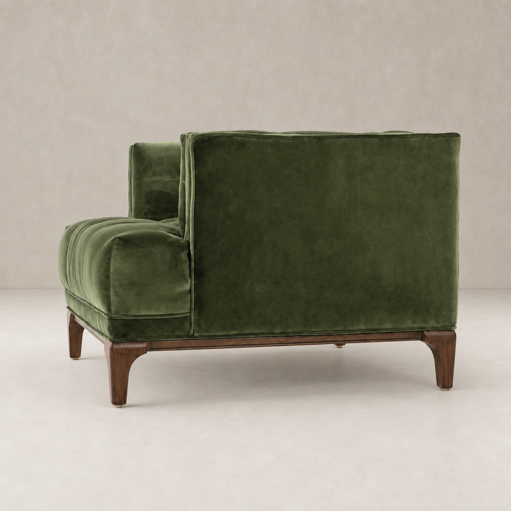Sapphire Olive Murano Chair with plush velvet upholstery and wooden legs.