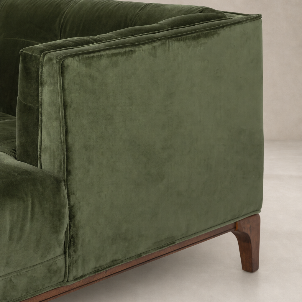 Sapphire Olive Murano Chair featuring plush velvet upholstery and sleek wooden legs.