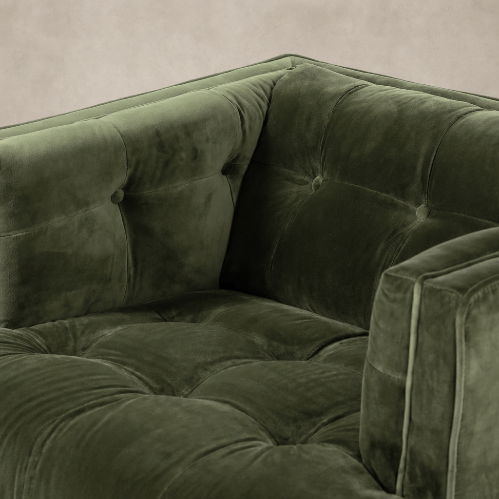 Sapphire Olive Murano Chair featuring a plush tufted velvet upholstery.