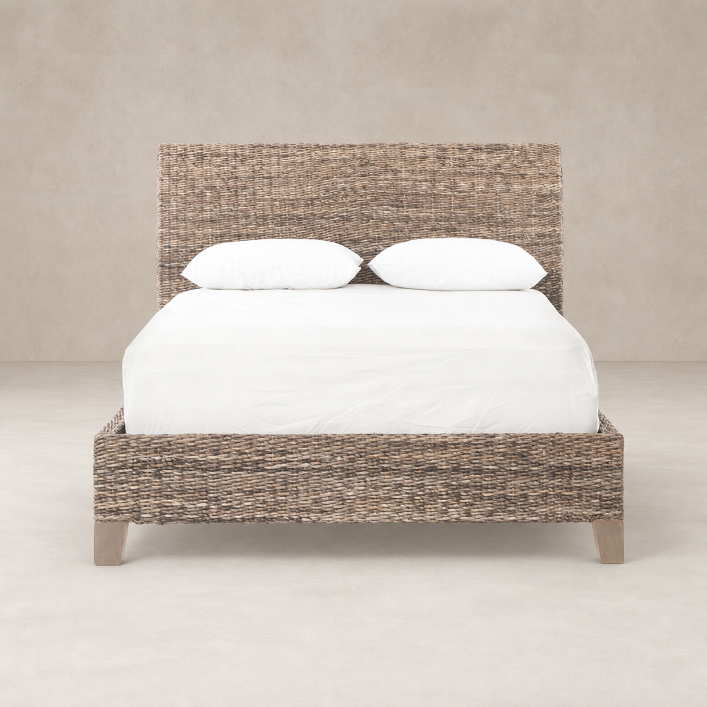 Grey wash mango leaf bed featuring a woven headboard and clean lines.