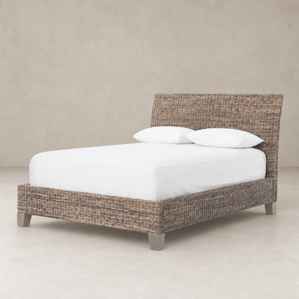 Grey wash mango leaf bed with woven headboard and sleek design.