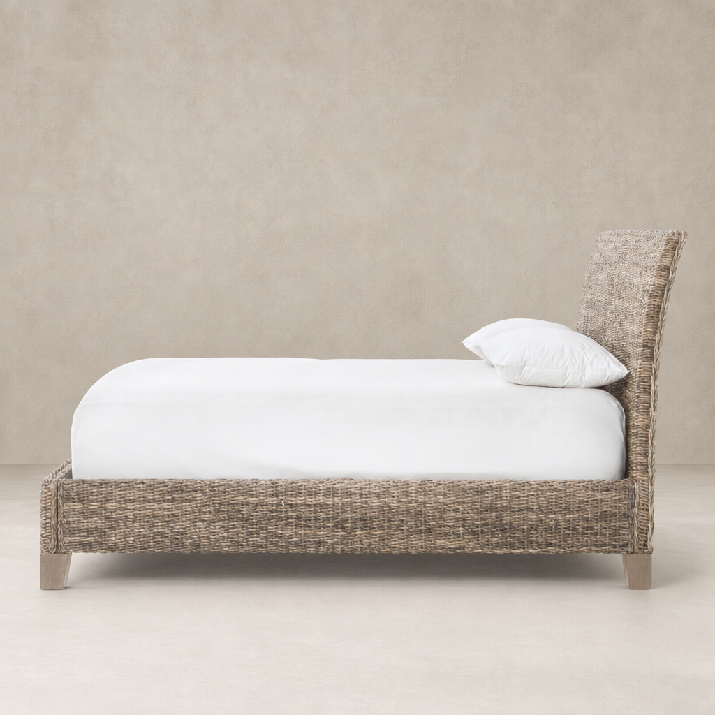Grey Wash Mango leaf bed featuring a textured woven design and simple silhouette.