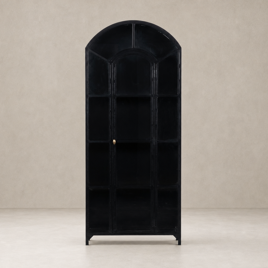 Kona Cabinet featuring a sleek black finish and elegant arched design.