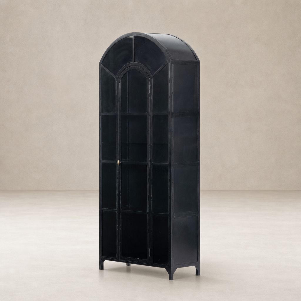 Kona Cabinet features an elegant arched design with a sleek black finish.