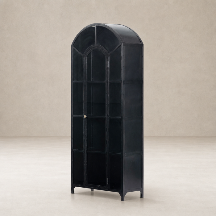Kona Cabinet features an elegant arched design with a sleek black finish.