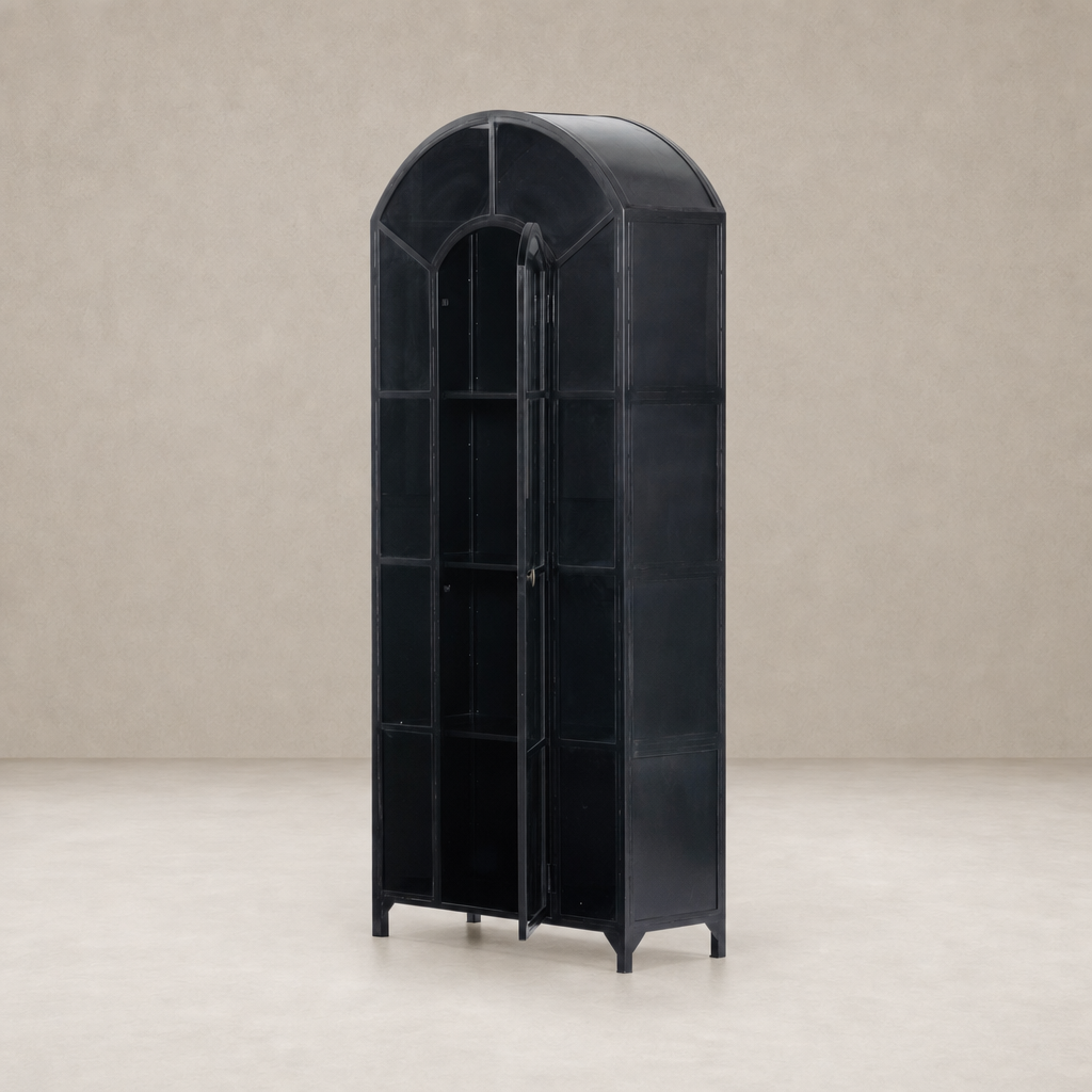 Kona Cabinet in black metal featuring an arched top and glass panels.