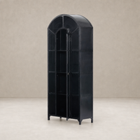 Kona Cabinet in black metal featuring an arched top and glass panels.