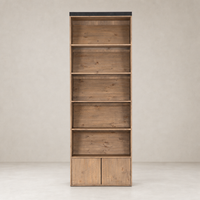 Tall Tahoe Bookshelf featuring warm wood finish and two lower drawers for storage.