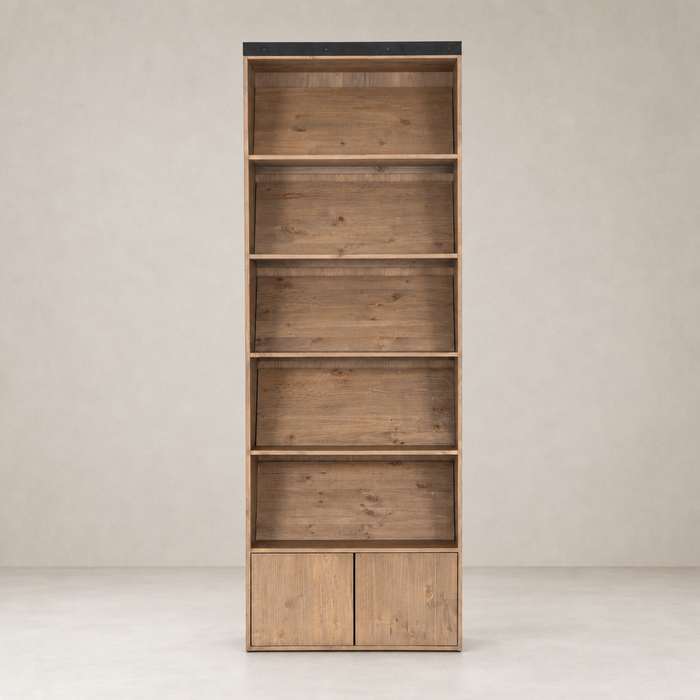 Tall Tahoe Bookshelf featuring warm wood finish and two lower drawers for storage.