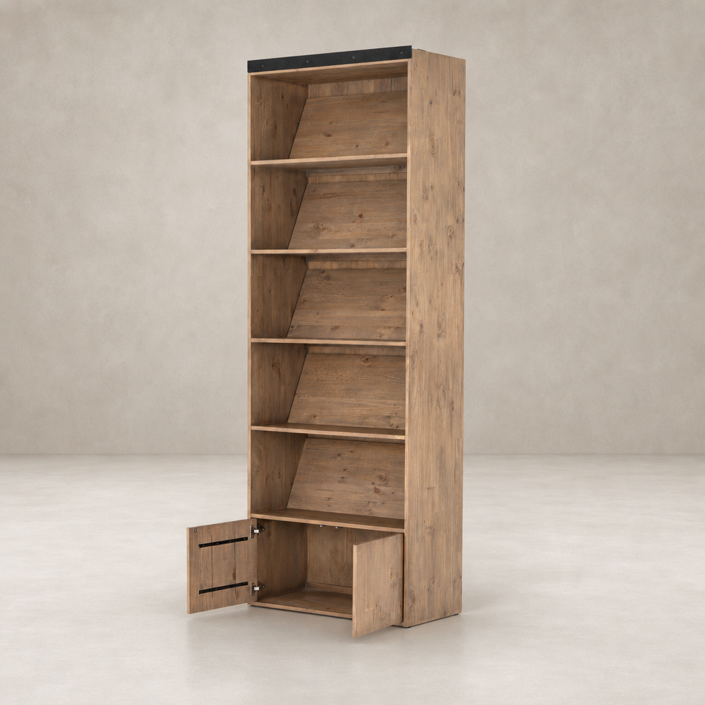 Tall Tahoe Bookshelf in natural wood finish with five open shelves and two doors.