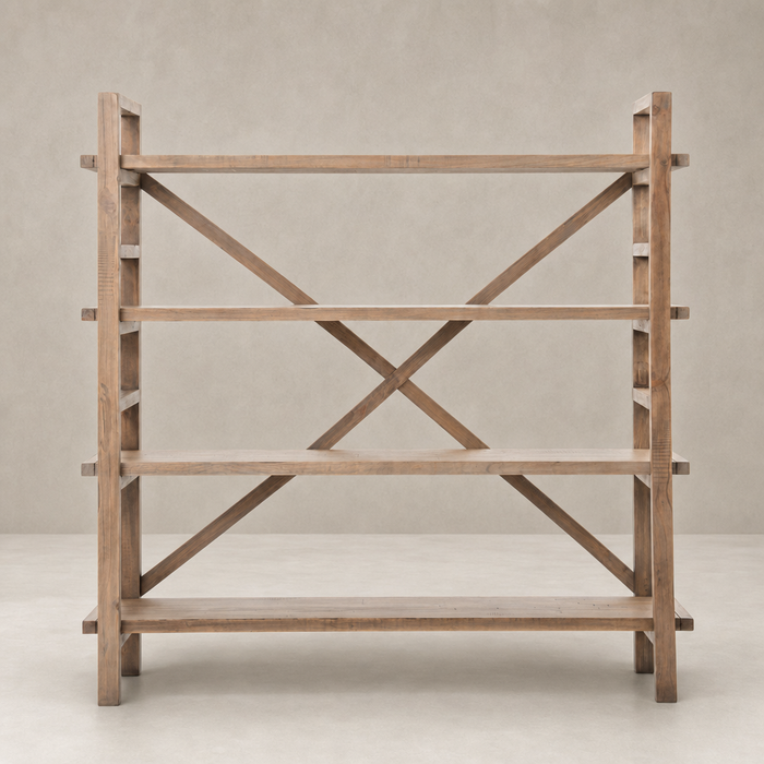 Camden Large Bookshelf features a rustic wood finish with open shelves and cross support.