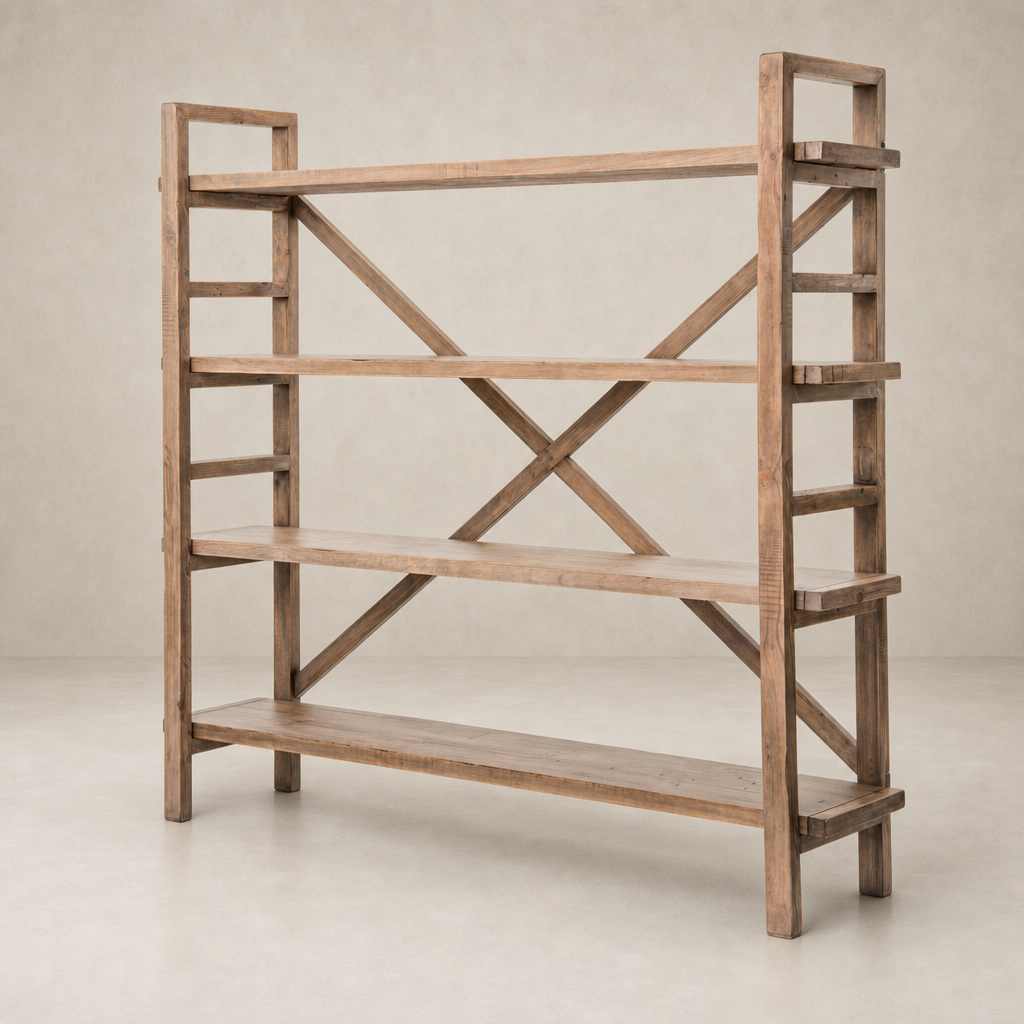 Camden Large Bookshelf in natural wood finish with open shelving and crossbar design.
